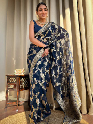 SHREE GHANSHYAM FASHION Embellished, Woven, Solid/Plain, Self Design, Striped Banarasi Cotton Silk, Jacquard Saree(Blue)
