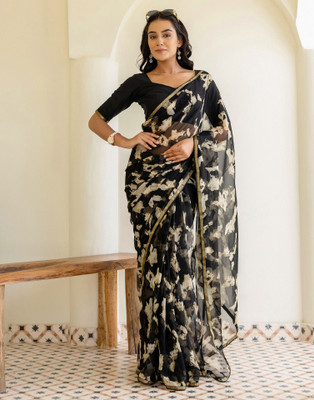 Samah Printed, Geometric Print, Floral Print, Graphic Print, Polka Print Daily Wear Georgette Saree(Black, Beige)