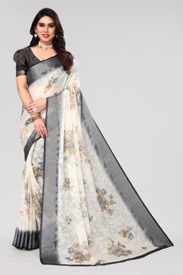 Winza Designer Floral Print Daily Wear Chiffon, Brasso Saree(Grey, White)