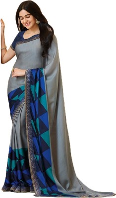 RAJESHWAR FASHION Geometric Print, Printed Bollywood Pure Silk Saree(Grey, Blue)