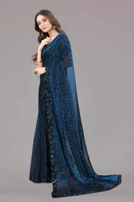 Shree Shyam Creation Digital Print, Embroidered, Solid/Plain, Printed Bollywood Lycra Blend Saree(Blue)