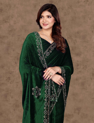 hutah Solid/Plain Bollywood Velvet, Cotton Blend Saree(Dark Green)
