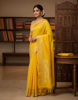 JBF FASHION Solid/Plain, Woven Bollywood Crepe Saree(Yellow)