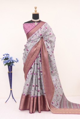 Rujula Trendz Digital Print, Floral Print Kota Doria Cotton Silk Saree(Purple, Maroon)