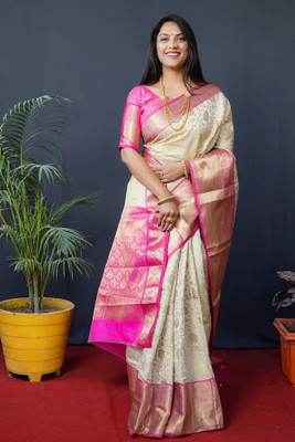 valida Embellished, Woven, Self Design Kanjivaram Jacquard, Cotton Silk Saree(Cream, Pink, Gold)