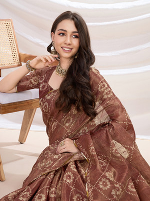 MANTROTSAV Digital Print Bandhani Tissue Saree(Brown)
