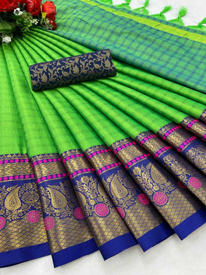 Juhi Collection Self Design, Printed, Temple Border, Woven, Solid/Plain Banarasi Art Silk, Cotton Silk Saree(Gold)