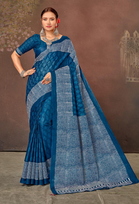 AnAdhTex Self Design Bhagalpuri Pure Cotton Saree(Blue)