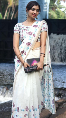 HouseOfCommon Printed Kanjivaram Cotton Linen, Linen Saree(White)