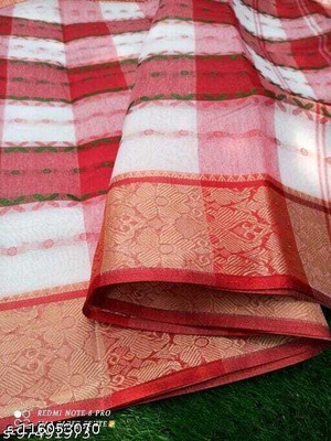 Sthaker Self Design Tant Cotton Blend Saree(White)