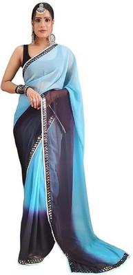 WOM BAB Solid/Plain, Embellished Bollywood Georgette Saree(Light Blue)
