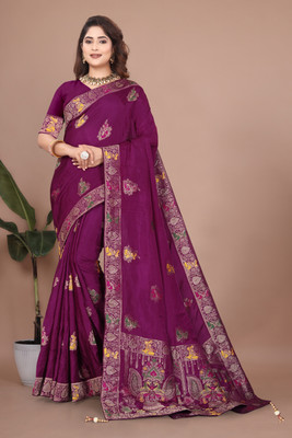 Bindi Woven, Self Design Banarasi Viscose Rayon Saree(Purple)