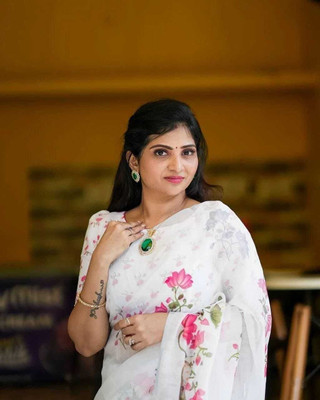 Margi Designers Floral Print Handloom Cotton Linen Saree(White)