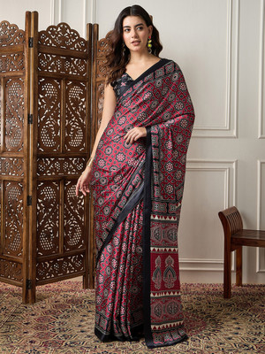 Sareemall Printed Hand Batik Crepe Saree(Pink)