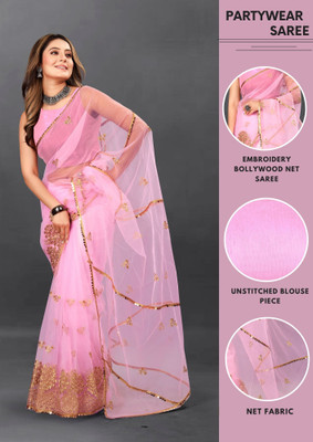 Yashvi Designer Embroidered Bollywood Net Saree(Pink)