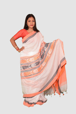 HouseOfCommon Self Design, Solid/Plain Tant Handloom Pure Cotton Saree(White)
