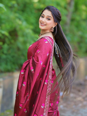 VrajVihar Woven Mekhela Chador Pure Silk Saree(Red)