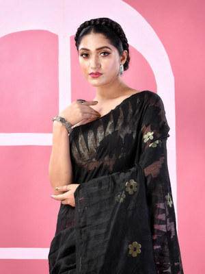 TANTLOOM Woven Jamdani Pure Cotton Saree(Red)