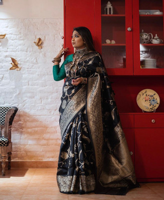 CENTURY CREATION Printed Banarasi Silk Blend Saree(Black)