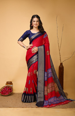 JAINICA Applique Kalamkari Jute Silk Saree(Dark Blue)