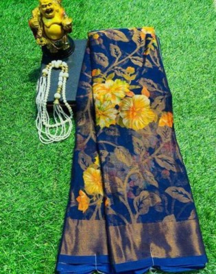 Sita Floral Print Bollywood Brasso Saree(Dark Blue)