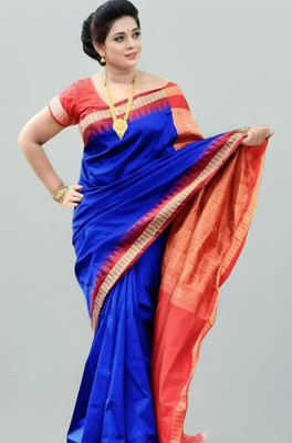 Afronza Temple Border, Striped, Solid/Plain Sambalpuri Cotton Linen, Pure Silk Saree(Blue, Red)
