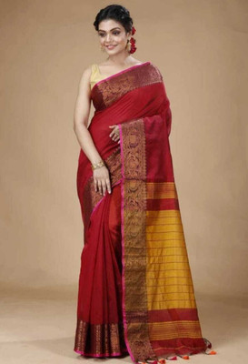 S G SAREES Woven, Striped Bhagalpuri Handloom Cotton Silk Saree(Red, Gold)