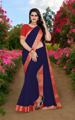 AMBALIKA Solid/Plain Chanderi Cotton Blend Saree(Dark Blue, Red)
