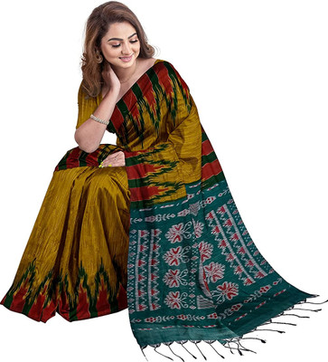 TITHISAREES Printed Sambalpuri Cotton Blend Saree(Yellow)