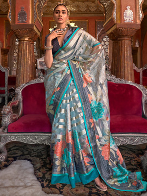 Tasrika Printed Bollywood Organza Saree(Light Blue)