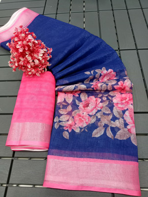 AARAANA Woven, Self Design, Geometric Print Kanjivaram Linen Saree(Blue)
