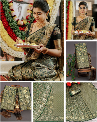 PRANJAL ART Printed Dharmavaram Jacquard, Art Silk Saree(Green)
