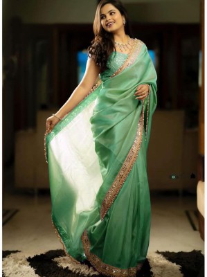 Vinayak Textile Embroidered Bollywood Net Saree(Green)