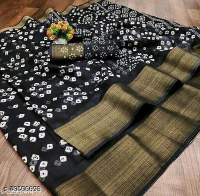 Saadhvi Printed Bandhani Cotton Blend Saree(Black)