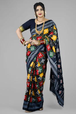Ethnicsarees Printed Sambalpuri Pure Cotton Saree(Black)