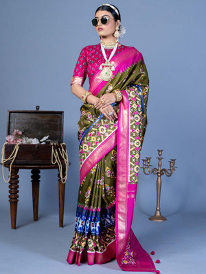 ANOUK Printed Pochampally Silk Blend Saree(Light Green)