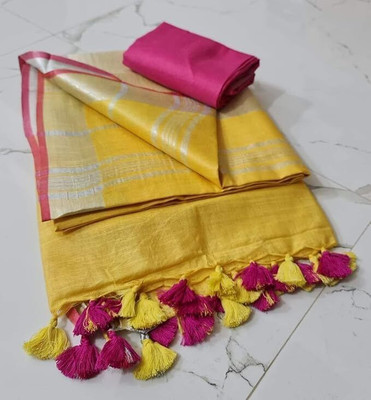 WEAVE TRENDS Solid/Plain, Woven Handloom Cotton Linen Saree(Yellow, Pink)