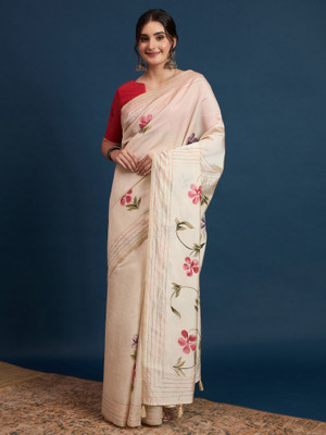 Sangria Printed Bollywood Tussar Silk Saree(Cream)