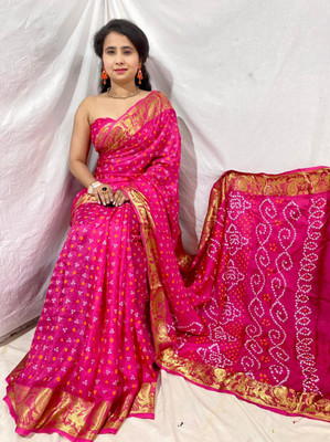 shreeji creation Blocked Printed Bandhani Art Silk Saree(Grey)