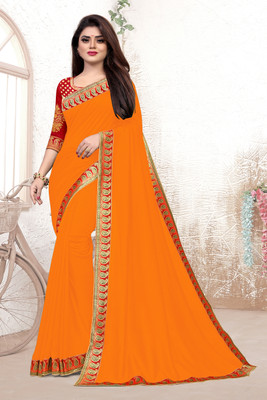 SAMRUDDHI TRENDZ Solid/Plain Bollywood Silk Blend Saree(Yellow)