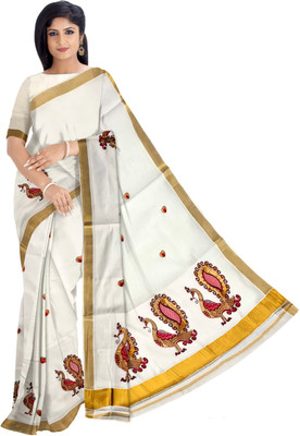 BRINDAVAN CREATIONS Printed Kasavu Cotton Blend Saree(Cream)