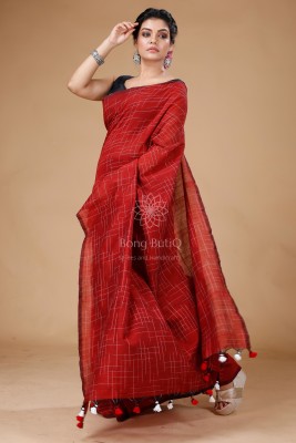 Bong ButiQ Checkered Ikkat Handloom Pure Cotton Saree(Red)