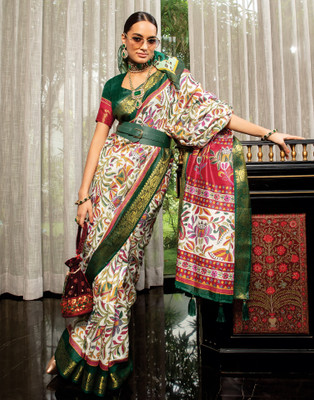 Samah Floral Print, Self Design, Embellished Patola Cotton Silk Saree(White, Dark Green, Multicolor)