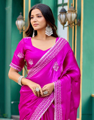 Satrani Embellished, Embroidered Bollywood Tissue Saree(Magenta)