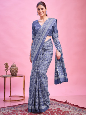 Sangria Printed Hand Batik Silk Blend Saree(Dark Blue)