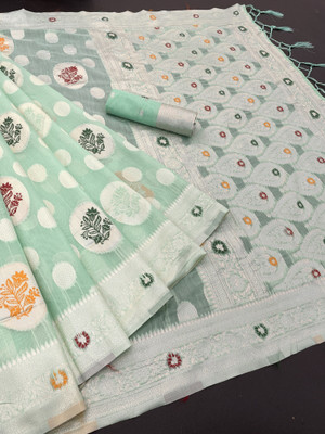 Clothestic Woven, Floral Print Kanjivaram Jacquard, Cotton Linen Saree(Light Green)