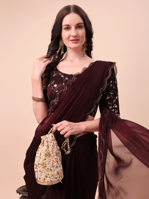 Vastramela Embroidered Bollywood Chiffon Saree(Brown)