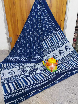 HIYAMI Printed, Color Block, Hand Painted, Floral Print Ikkat Pure Cotton Saree(Blue)