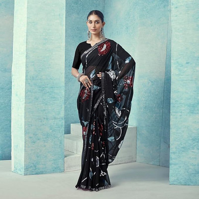 DDesigner Floral Print, Embellished, Embroidered Bollywood Georgette Saree(Black)