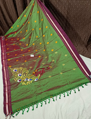 Spewim Woven Gadwal Cotton Blend Saree(Dark Green)